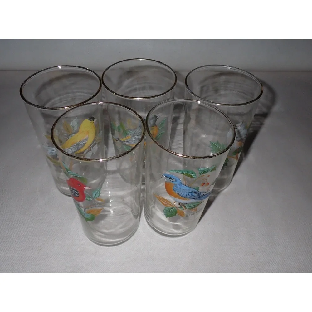 5 Vintage West Virginia Glass Co MCM American Songbird Glasses gold rim Tumblers